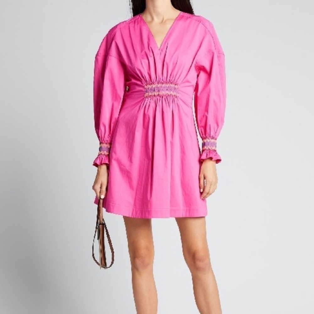 Derek Lam 10 Crosby Katia pink cotton smocked V neck dress Sz 2